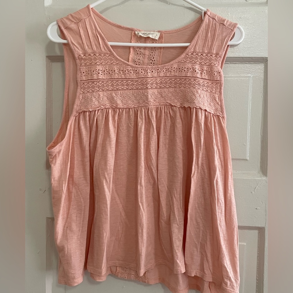 Lucky Brand, pink sleeveless top, eyelet and lace details.  Size Large.